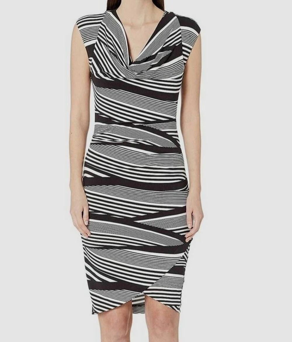Nicole Miller Collection Wavy Stripe Cowl Neck Asymmetric Dress M Ruched Bodycon